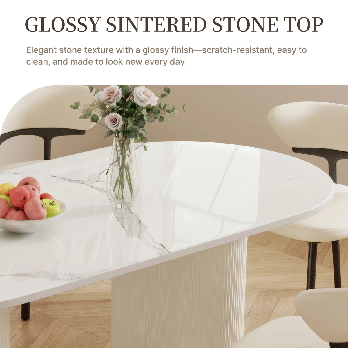 Jamani Modern Oval Dining Table for 6, Glossy Sintered Stone table top, Solid Wood Legs, image 4