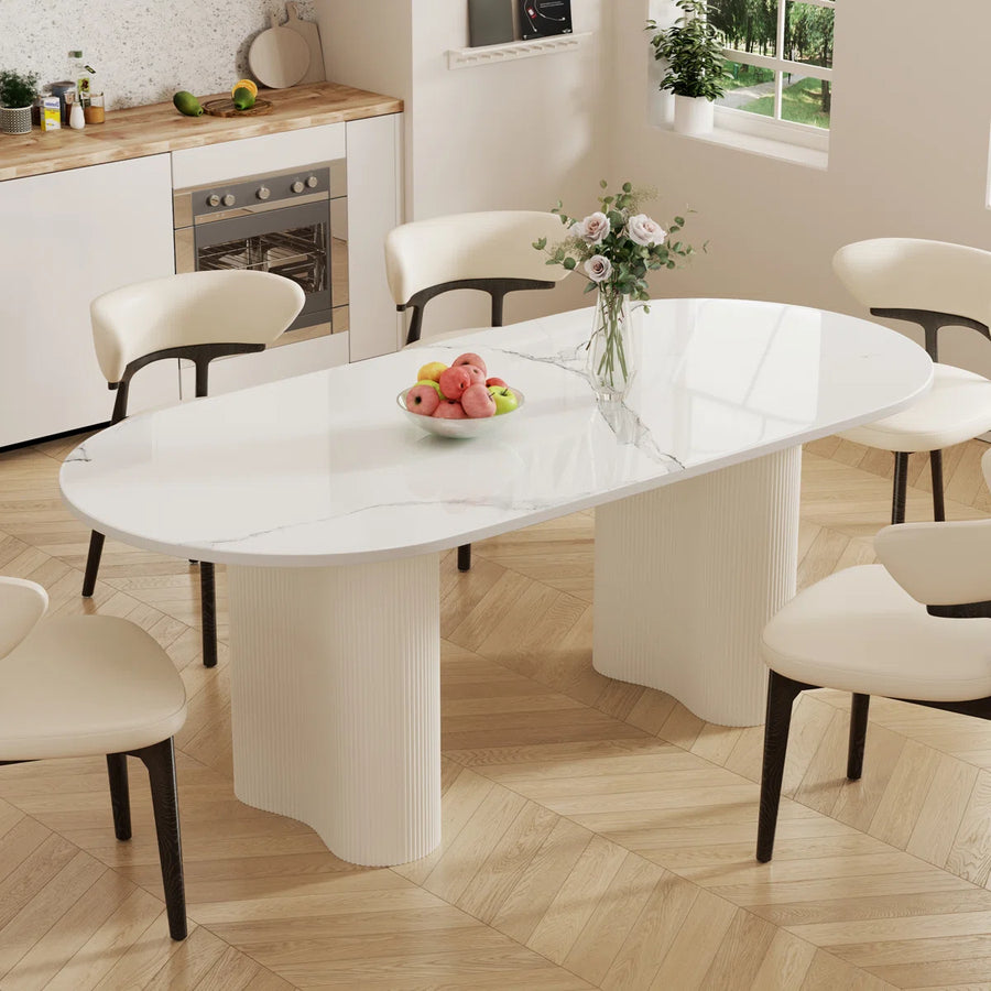 Jamani Modern Oval Dining Table for 6, Glossy Sintered Stone table top, Solid Wood Legs, image 2