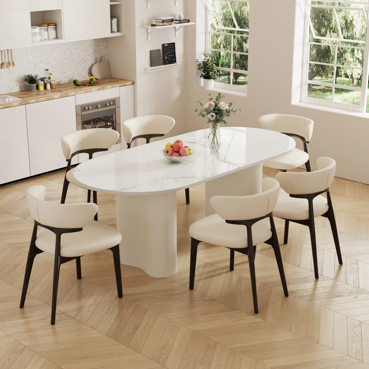 Jamani Modern Oval Dining Table for 6, Glossy Sintered Stone table top, Solid Wood Legs, image 9