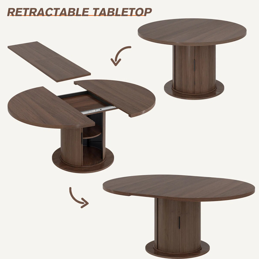 47”-63” Extendable Round Dining Table For 4-8, Oval Kitchen Dining Room Table With Storage, Mid Century Modern Pedestal Dinner Table, Walnut Brown, image 2