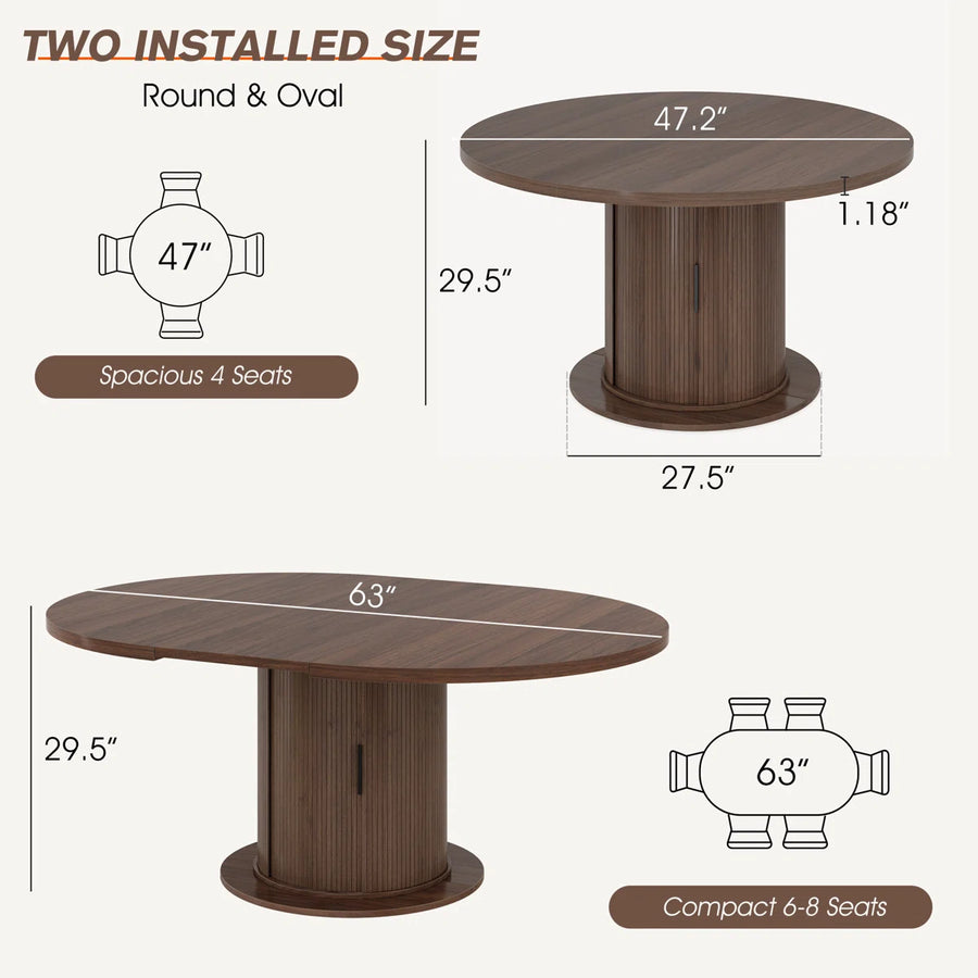 47”-63” Extendable Round Dining Table For 4-8, Oval Kitchen Dining Room Table With Storage, Mid Century Modern Pedestal Dinner Table, Walnut Brown, image 4