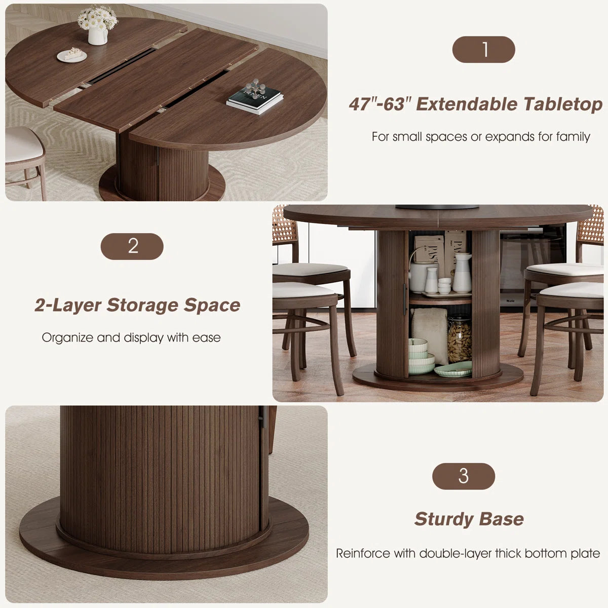 47”-63” Extendable Round Dining Table For 4-8, Oval Kitchen Dining Room Table With Storage, Mid Century Modern Pedestal Dinner Table, Walnut Brown, image 6