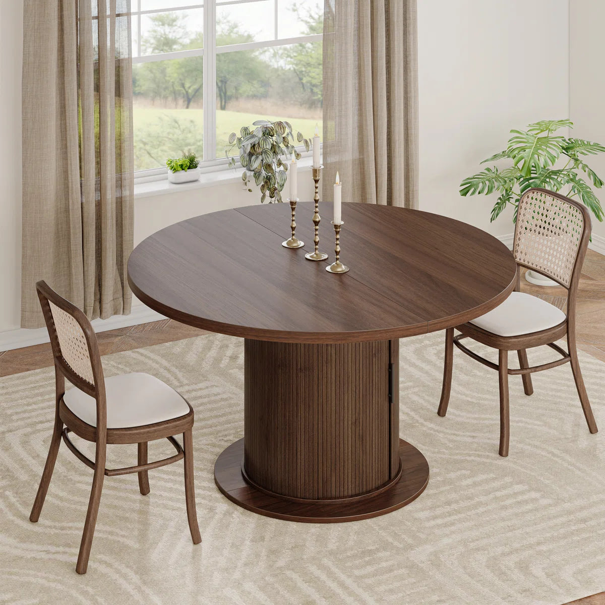 47”-63” Extendable Round Dining Table For 4-8, Oval Kitchen Dining Room Table With Storage, Mid Century Modern Pedestal Dinner Table, Walnut Brown, image 7