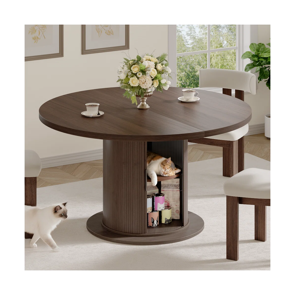 47”-63” Extendable Round Dining Table For 4-8, Oval Kitchen Dining Room Table With Storage, Mid Century Modern Pedestal Dinner Table, Walnut Brown, image 8