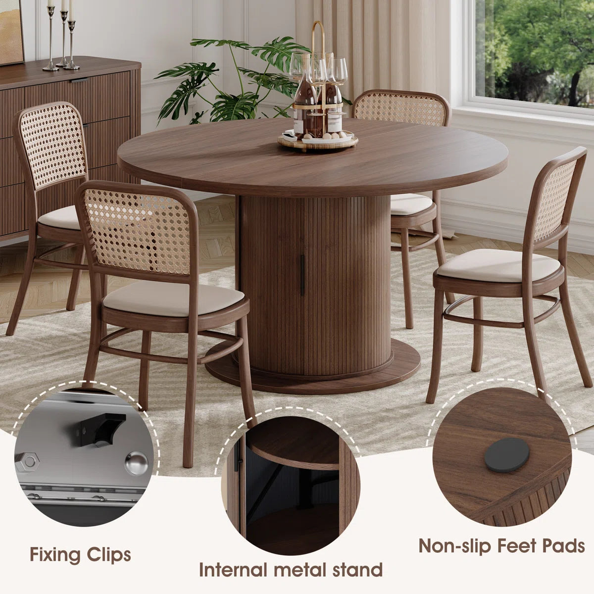 47”-63” Extendable Round Dining Table For 4-8, Oval Kitchen Dining Room Table With Storage, Mid Century Modern Pedestal Dinner Table, Walnut Brown, image 9