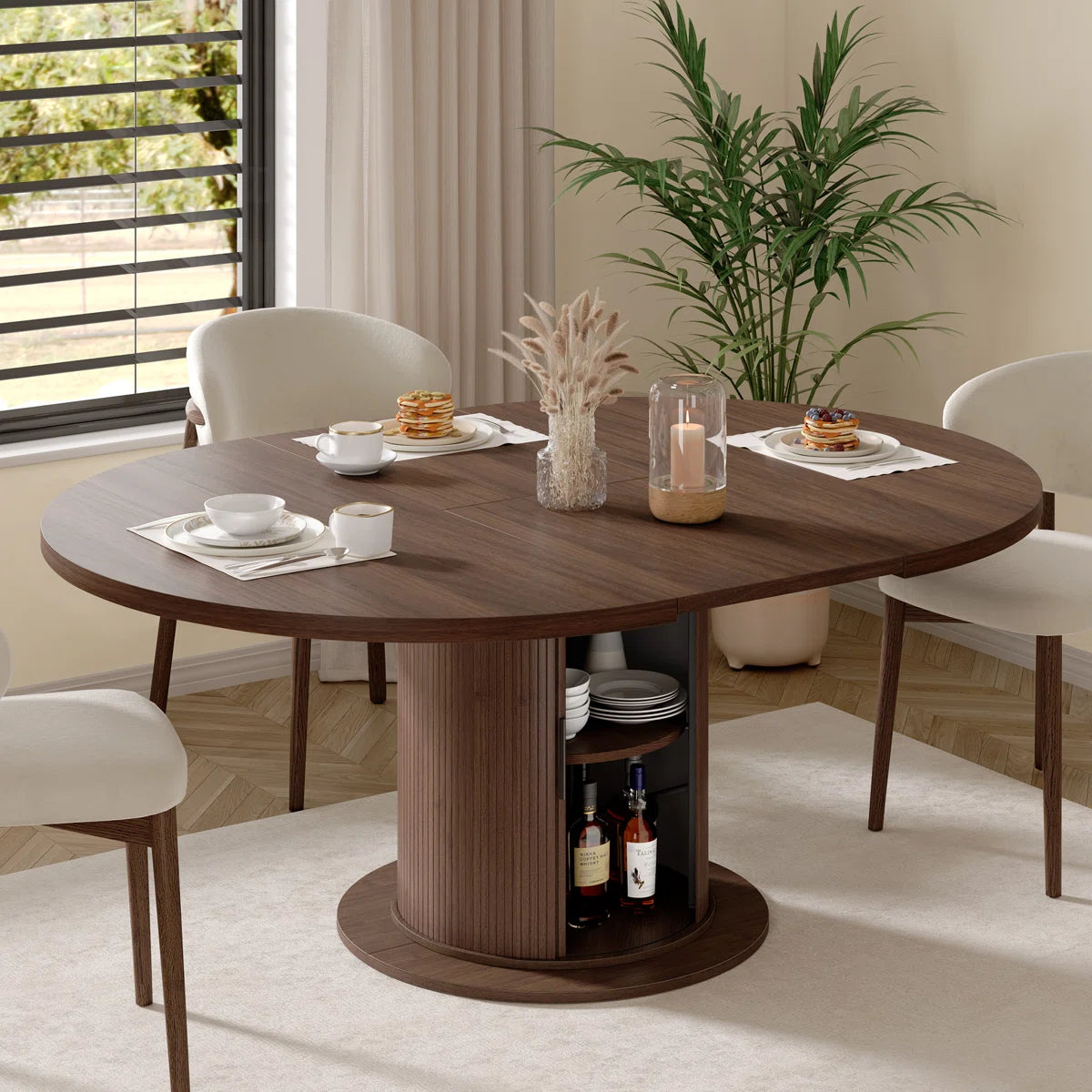 47”-63” Extendable Round Dining Table For 4-8, Oval Kitchen Dining Room Table With Storage, Mid Century Modern Pedestal Dinner Table, Walnut Brown, image 10