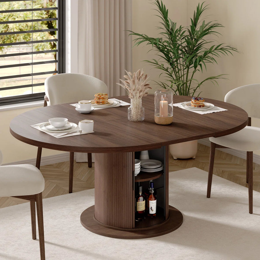 47”-63” Extendable Round Dining Table For 4-8, Oval Kitchen Dining Room Table With Storage, Mid Century Modern Pedestal Dinner Table, Walnut Brown, image 10
