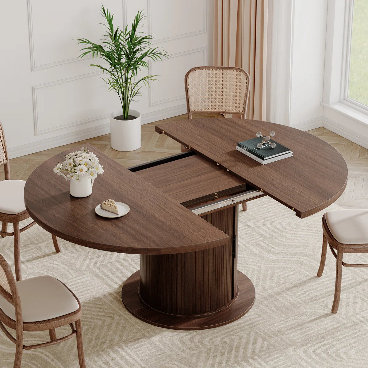 47”-63” Extendable Round Dining Table For 4-8, Oval Kitchen Dining Room Table With Storage, Mid Century Modern Pedestal Dinner Table, Walnut Brown, image 11