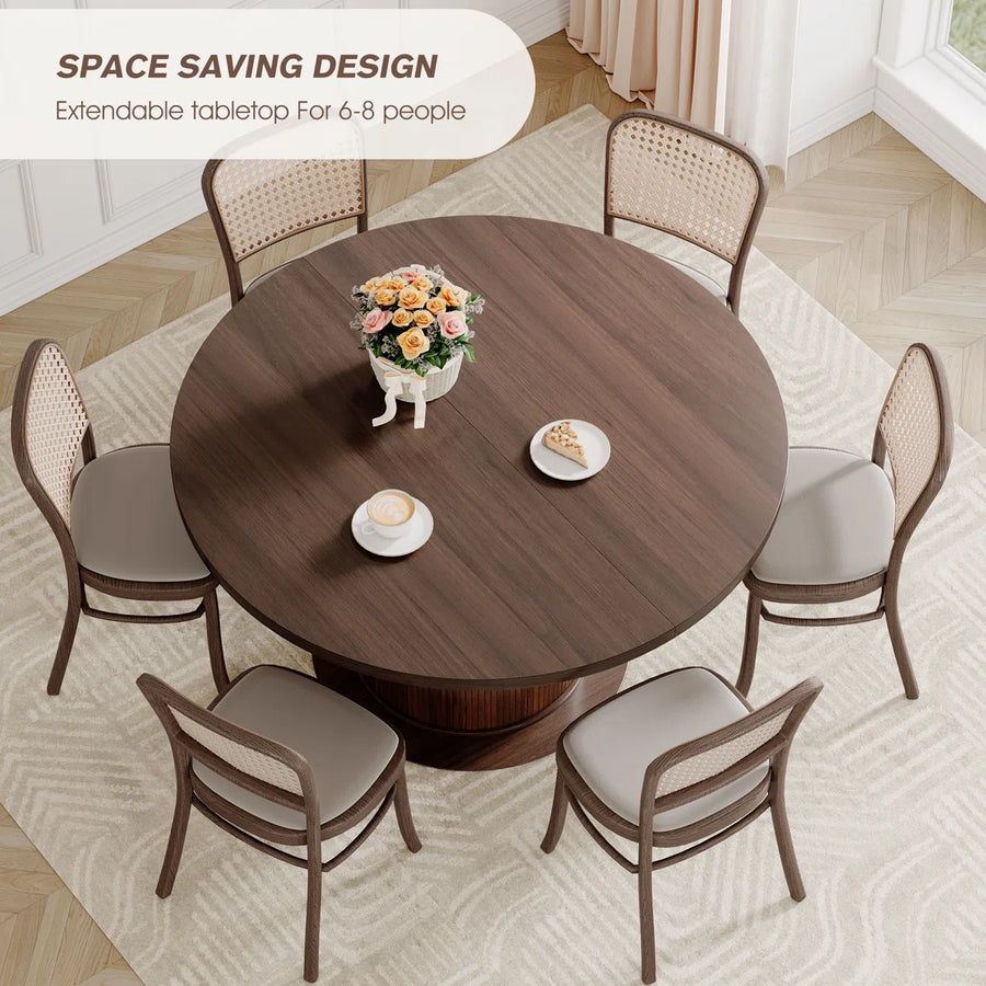 47”-63” Extendable Round Dining Table For 4-8, Oval Kitchen Dining Room Table With Storage, Mid Century Modern Pedestal Dinner Table, Walnut Brown, image 12