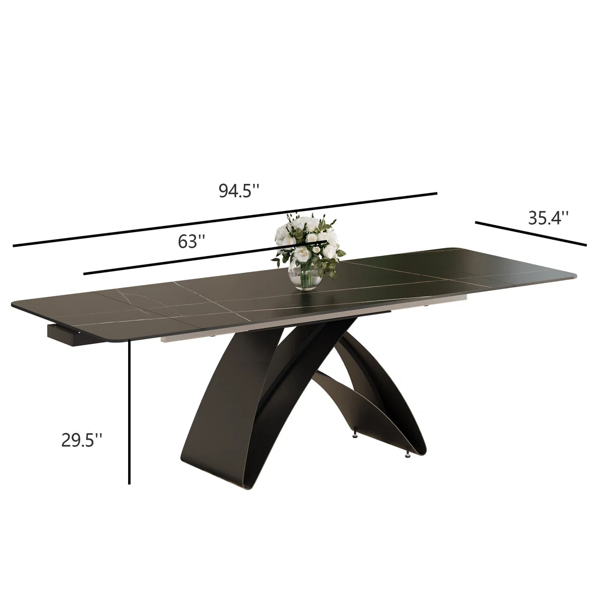 63''-94.5'' Extendable Rectangular Sintered Stone Dining Table Steel Legs, Black Modern Dining Table with Adjustable Foot Pads Seat 6-8, image 3