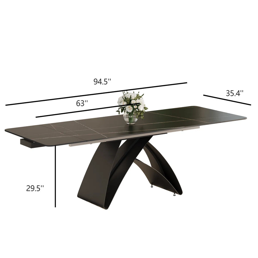 63''-94.5'' Extendable Rectangular Sintered Stone Dining Table Steel Legs, Black Modern Dining Table with Adjustable Foot Pads Seat 6-8, image 3