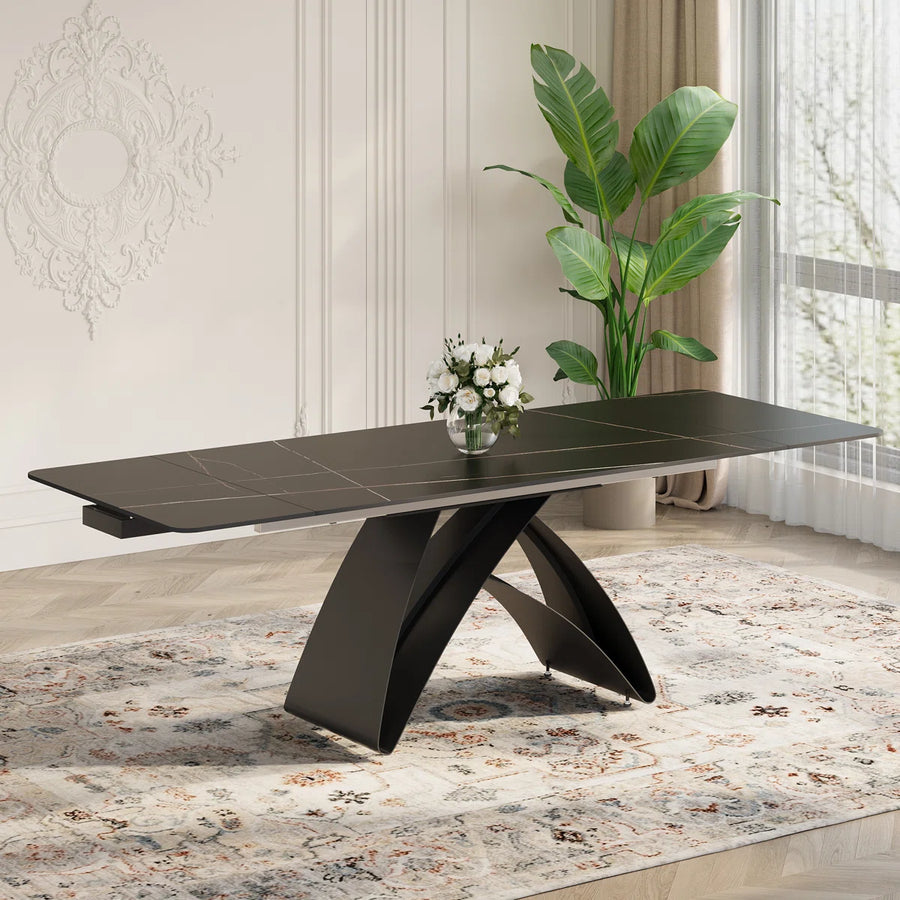 63''-94.5'' Extendable Rectangular Sintered Stone Dining Table Steel Legs, Black Modern Dining Table with Adjustable Foot Pads Seat 6-8, image 4