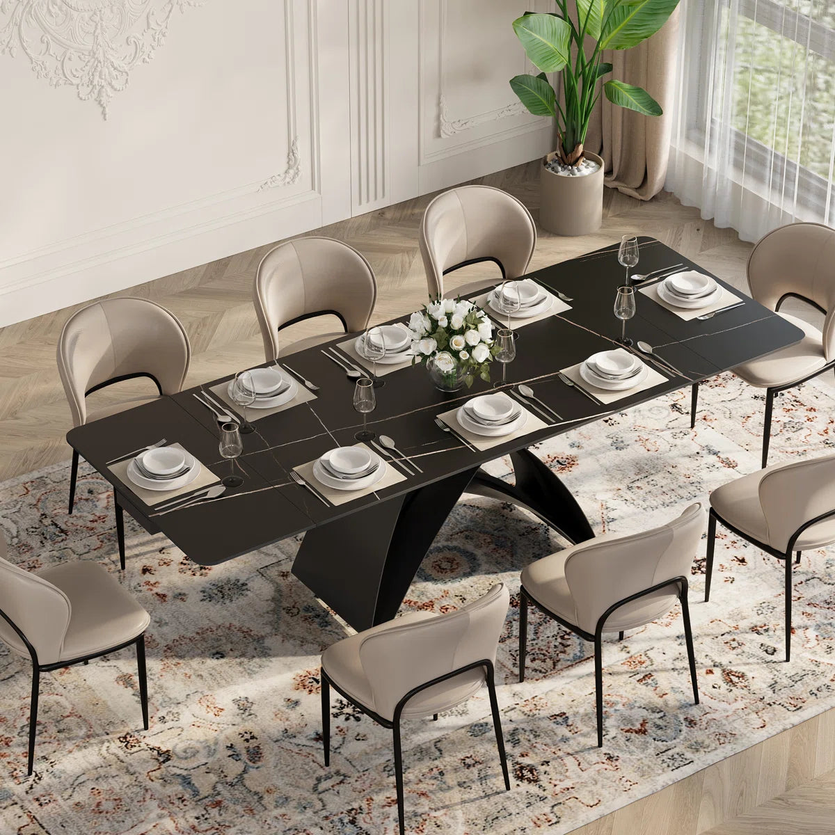 63''-94.5'' Extendable Rectangular Sintered Stone Dining Table Steel Legs, Black Modern Dining Table with Adjustable Foot Pads Seat 6-8, image 2
