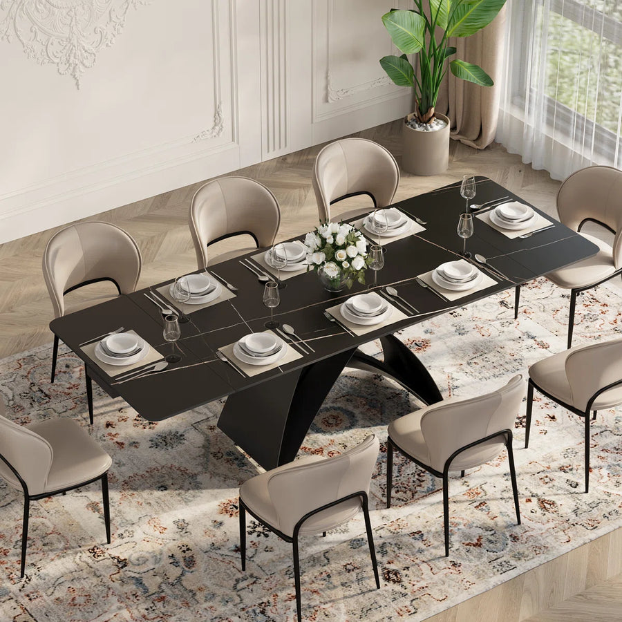63''-94.5'' Extendable Rectangular Sintered Stone Dining Table Steel Legs, Black Modern Dining Table with Adjustable Foot Pads Seat 6-8, image 2