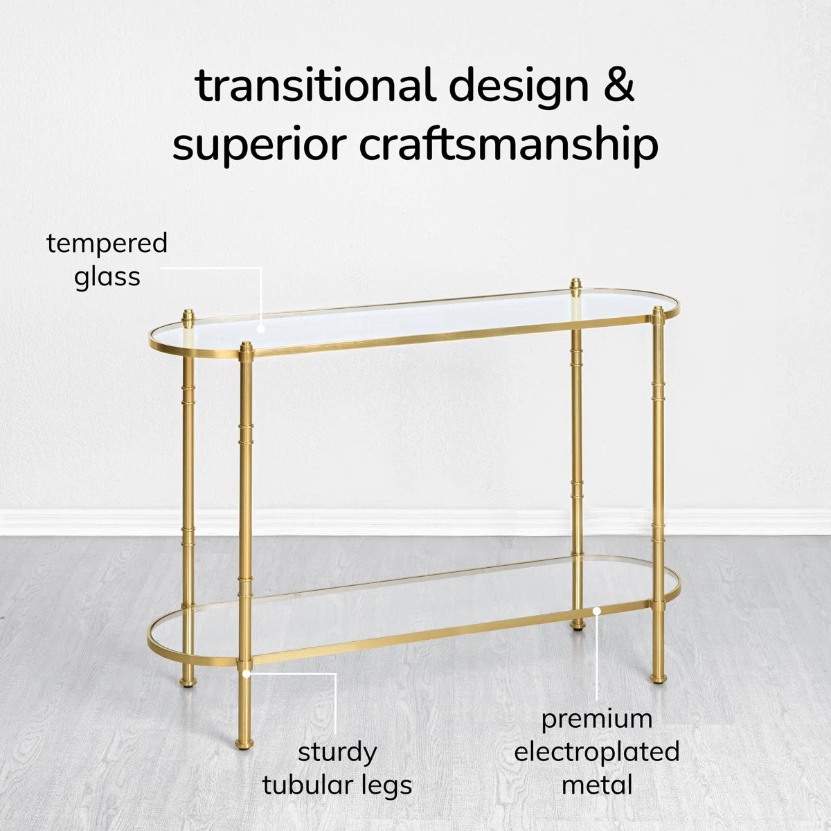 Vireon 48" Modern Stainless Steel & Tempered Glass 2-Tier Console Table, image 12