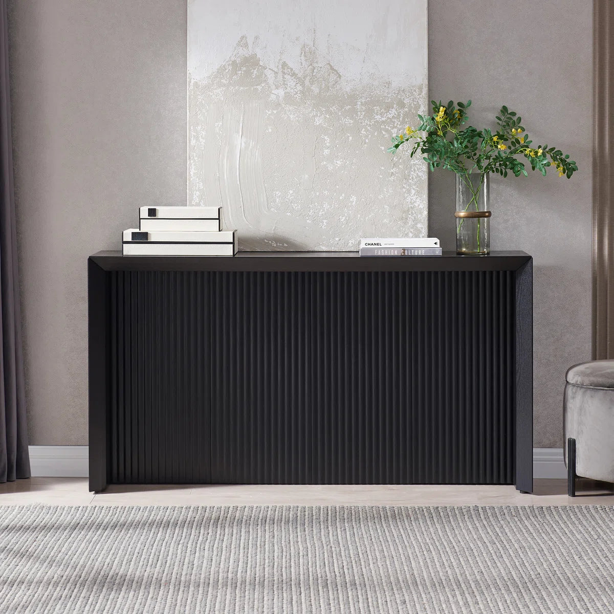 Sorenza Modern Fluted Console Table | Black Grain Entryway Table