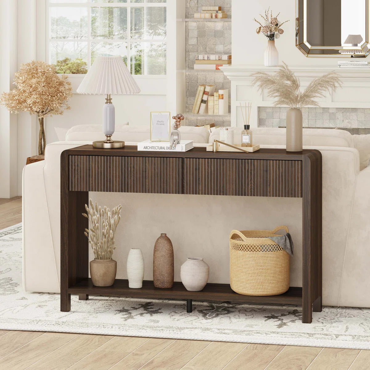 Noven Modern Fluted Console Table | 2-Drawer Walnut Entryway Table