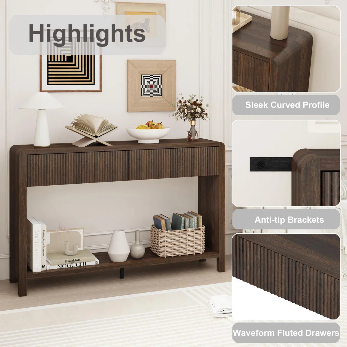 Noven Modern Fluted Console Table | 2-Drawer Walnut Entryway Table, image 4