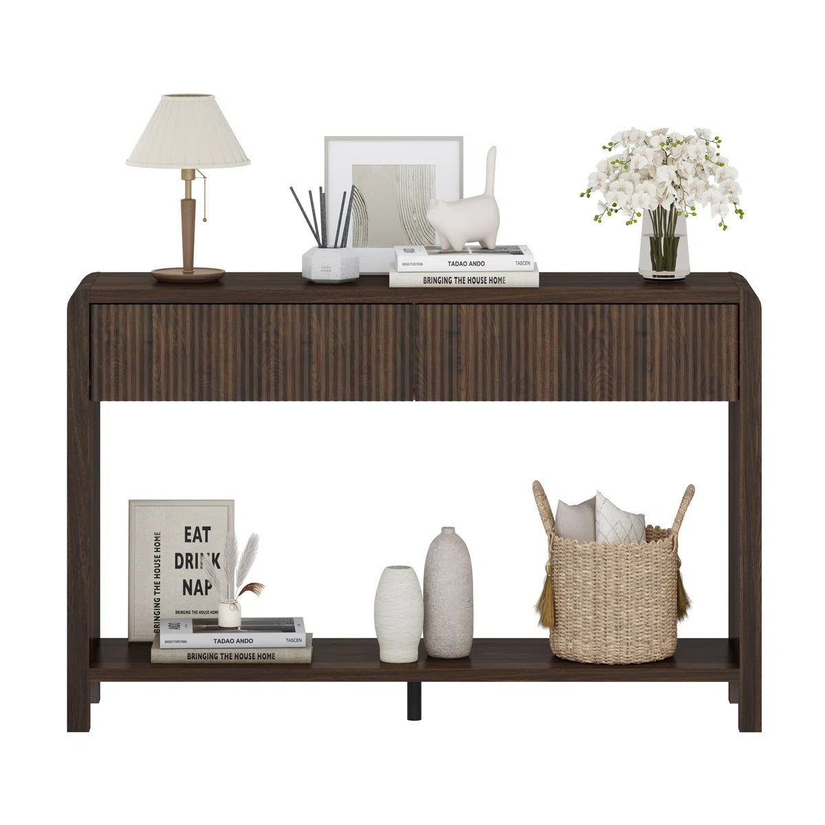 Noven Modern Fluted Console Table | 2-Drawer Walnut Entryway Table, image 5