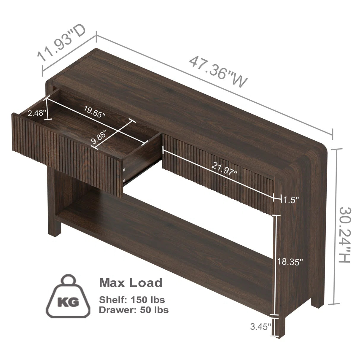 Noven Modern Fluted Console Table | 2-Drawer Walnut Entryway Table, image 6