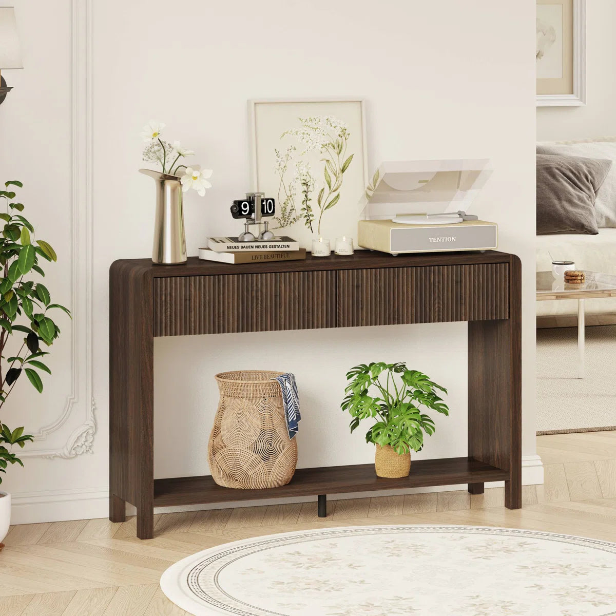 Noven Modern Fluted Console Table | 2-Drawer Walnut Entryway Table, image 7