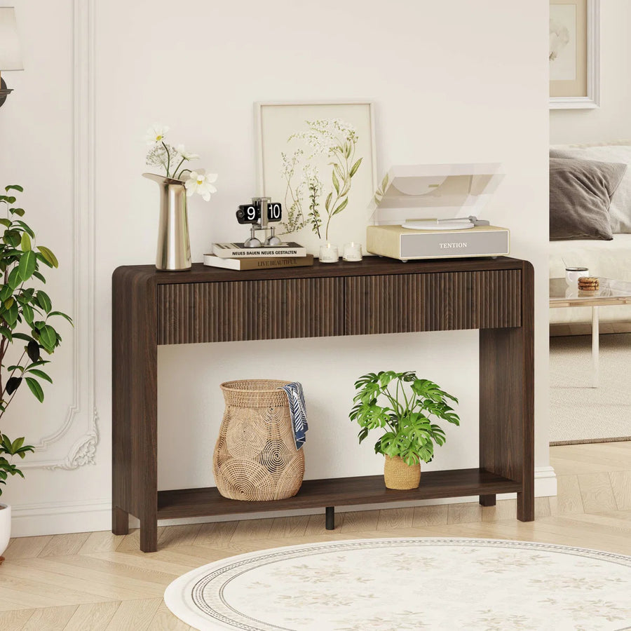 Noven Modern Fluted Console Table | 2-Drawer Walnut Entryway Table, image 7