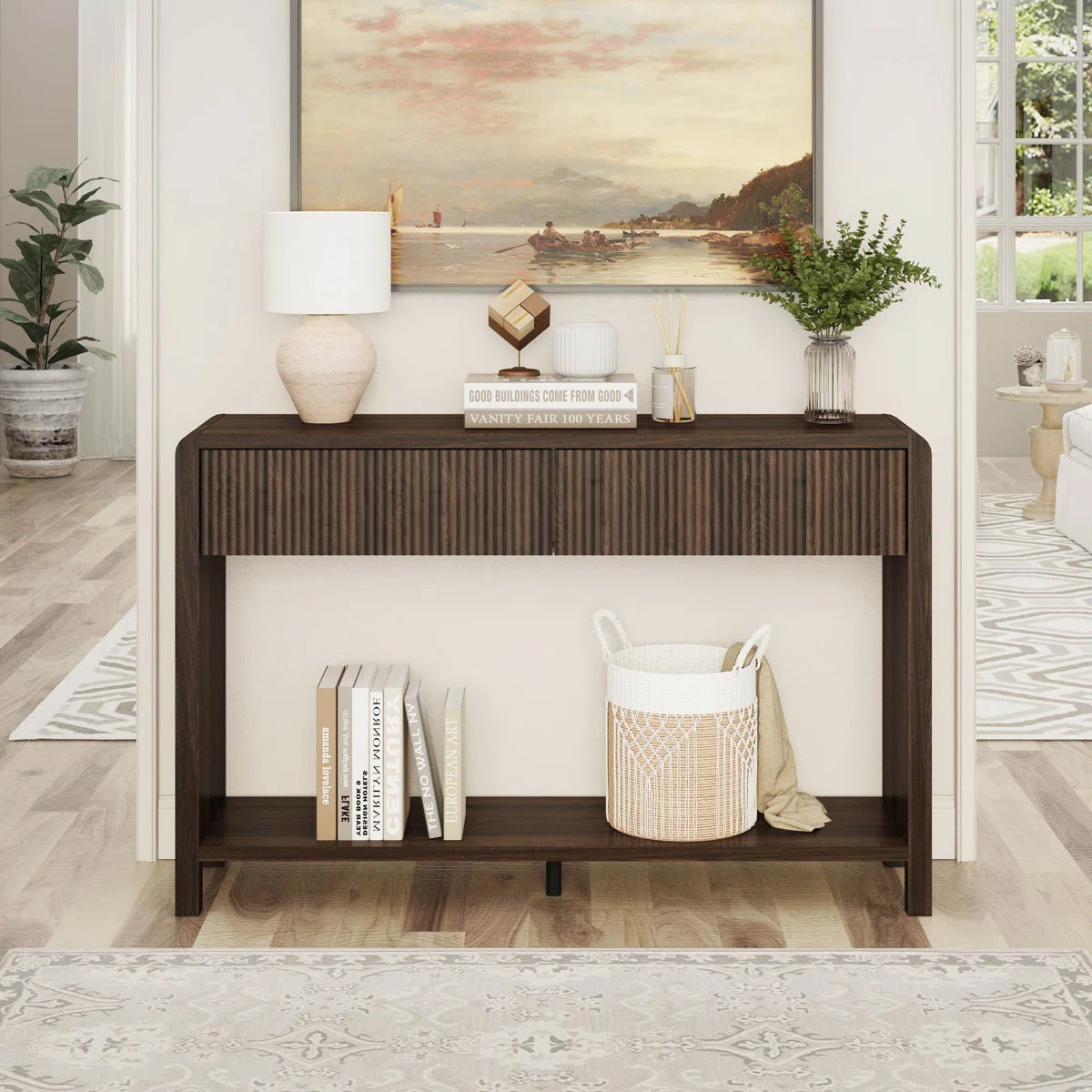 Noven Modern Fluted Console Table | 2-Drawer Walnut Entryway Table, image 8