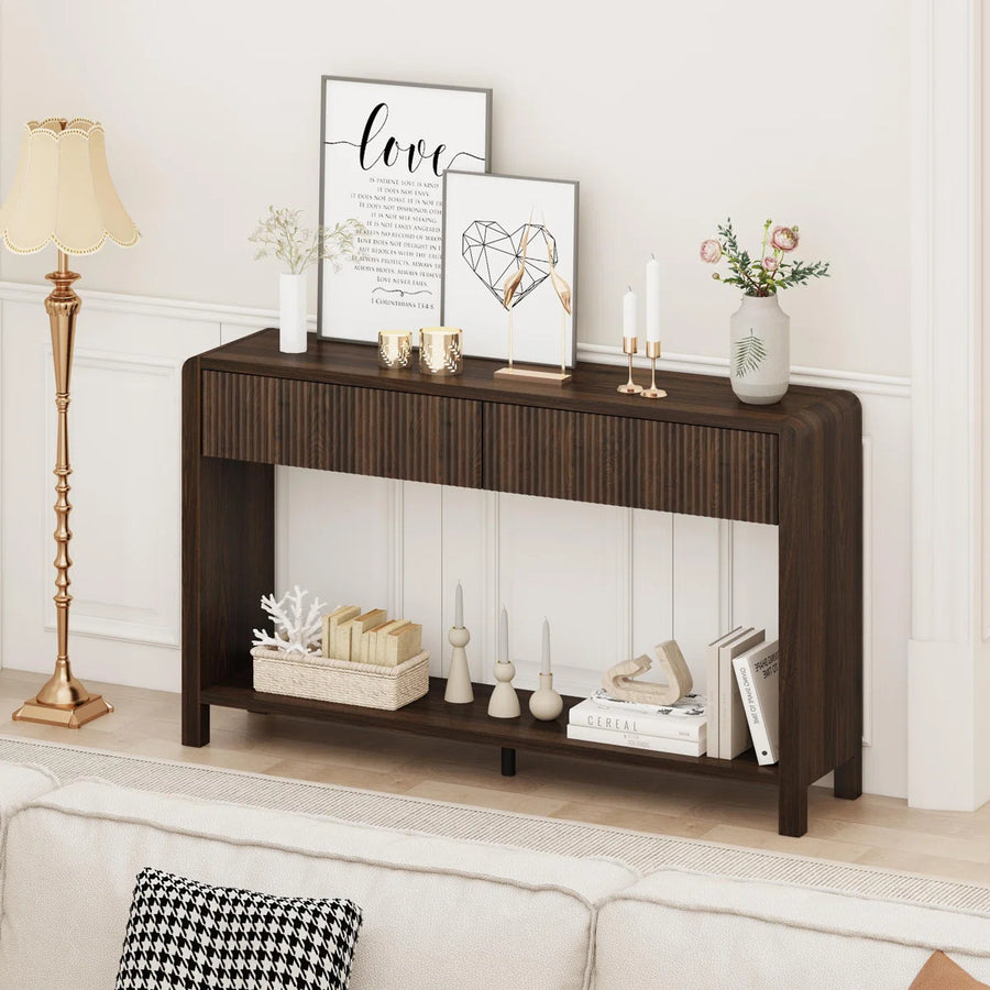 Noven Modern Fluted Console Table | 2-Drawer Walnut Entryway Table, image 9