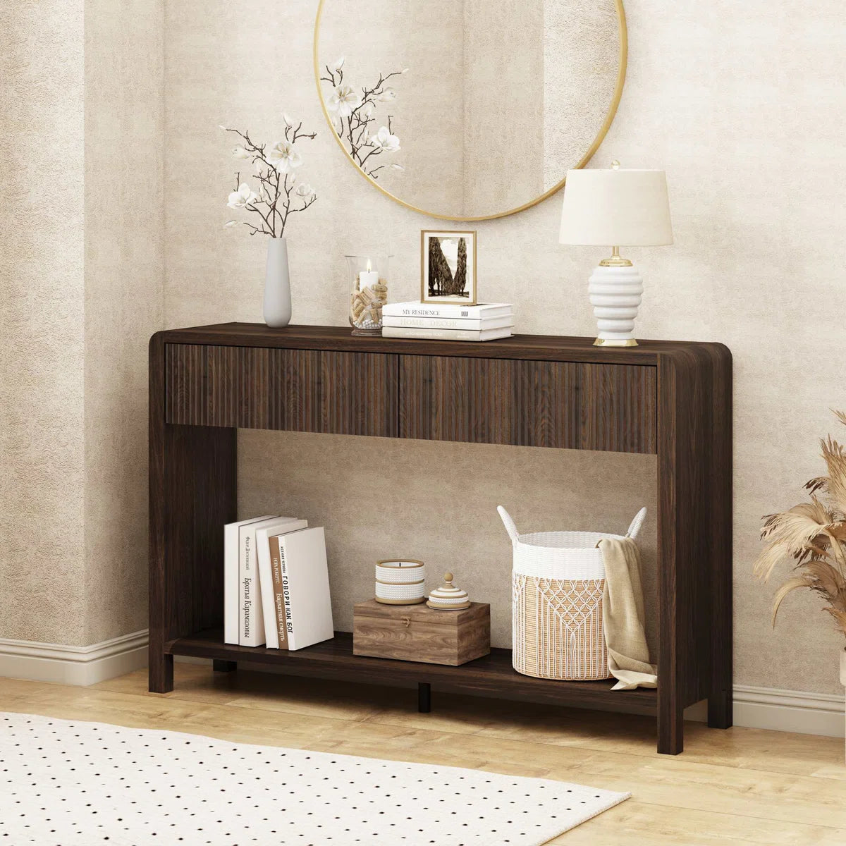Noven Modern Fluted Console Table | 2-Drawer Walnut Entryway Table, image 2