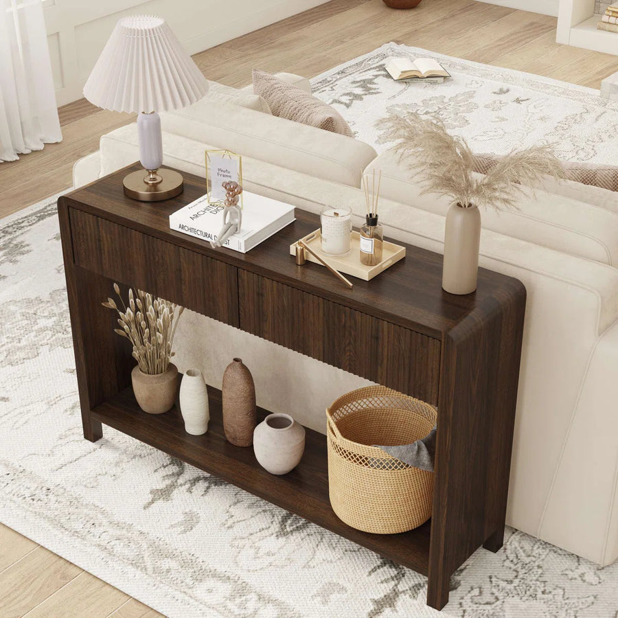 Noven Modern Fluted Console Table | 2-Drawer Walnut Entryway Table, image 10