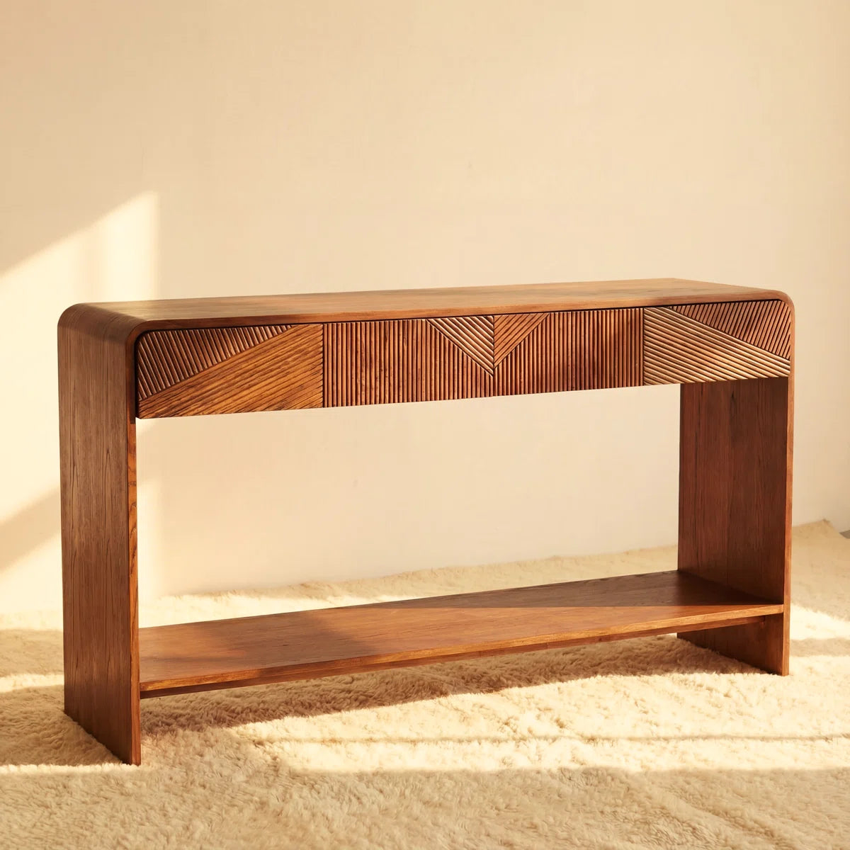 Kavren Modern White Oak Console Table | Sculpted Slat Design, image 2