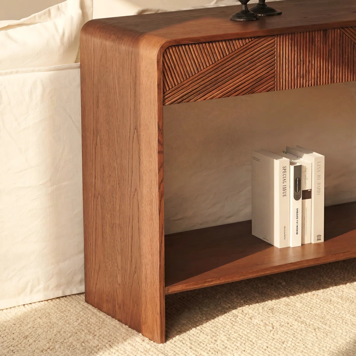 Kavren Modern White Oak Console Table | Sculpted Slat Design, image 4