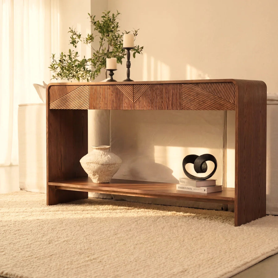 Kavren Modern White Oak Console Table | Sculpted Slat Design, image 5
