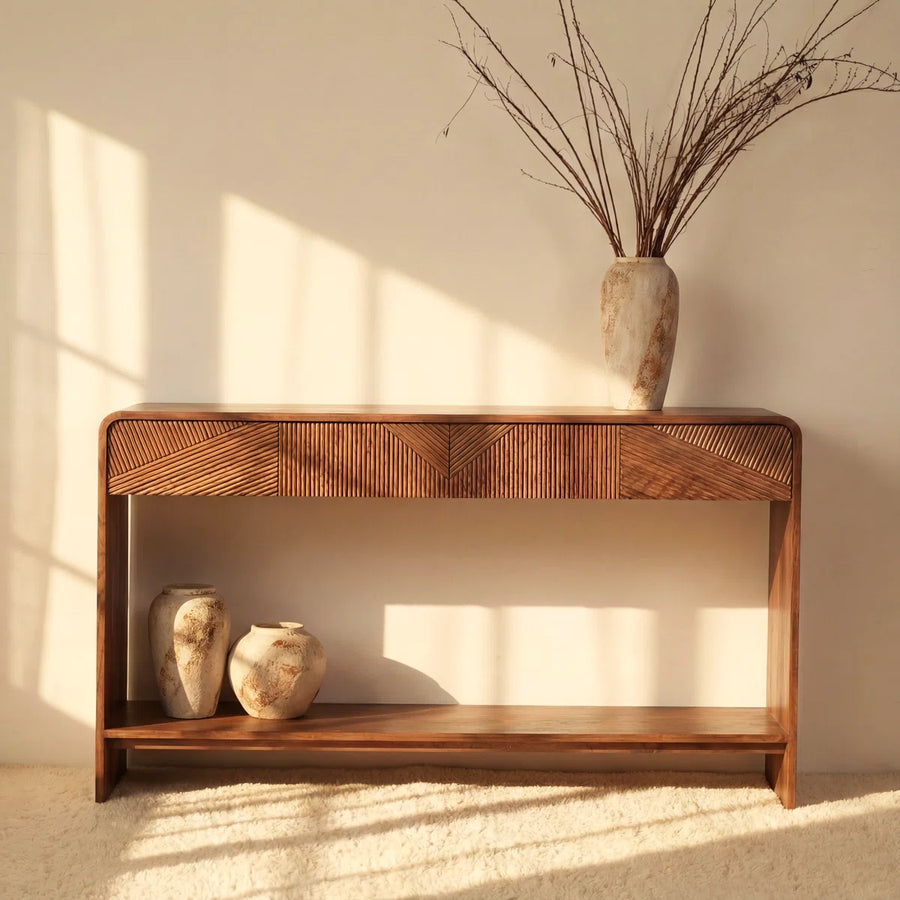 Kavren Modern White Oak Console Table | Sculpted Slat Design