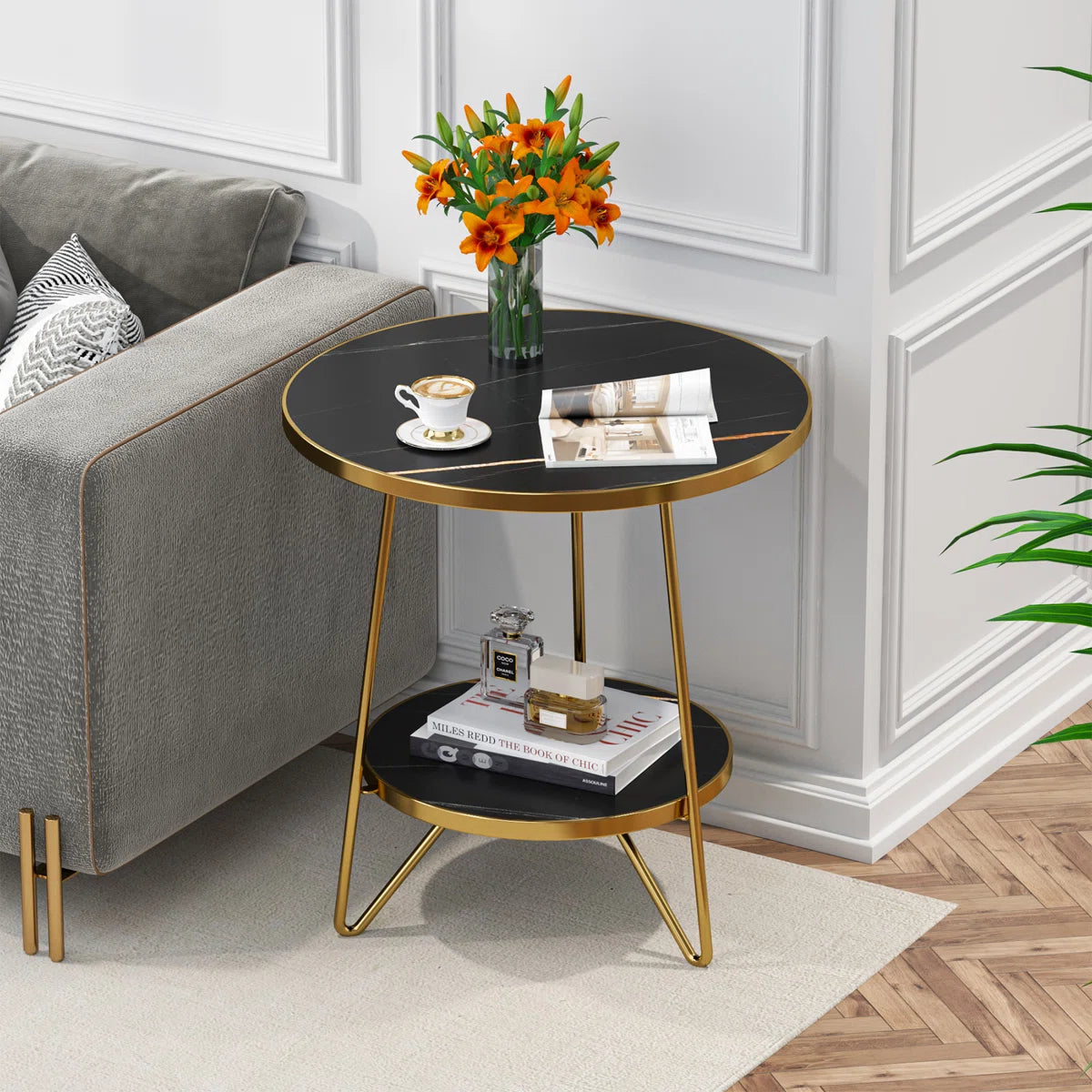 Arden Round Marble Side Table with Storage Shelf | Modern End Table