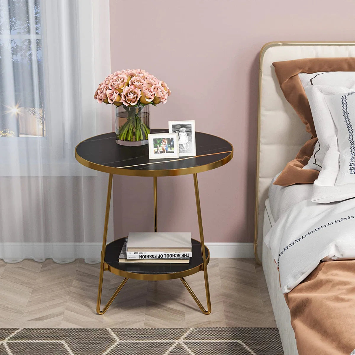 Arden Round Marble Side Table with Storage Shelf | Modern End Table, image 2