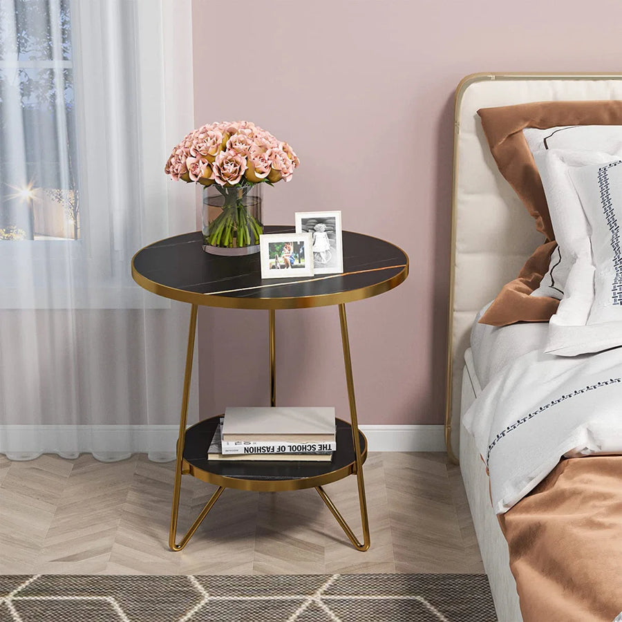 Arden Round Marble Side Table with Storage Shelf | Modern End Table, image 2