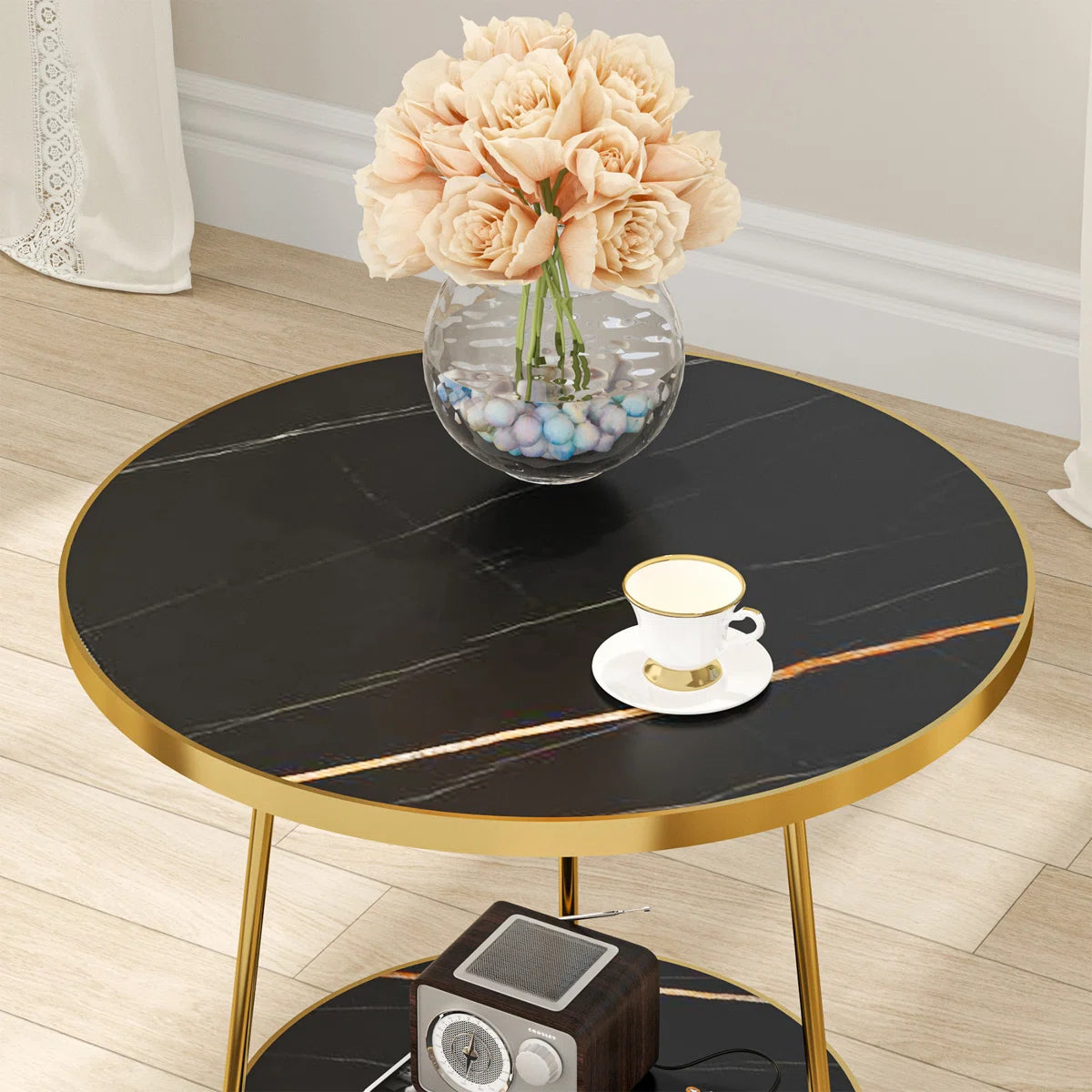 Arden Round Marble Side Table with Storage Shelf | Modern End Table, image 3