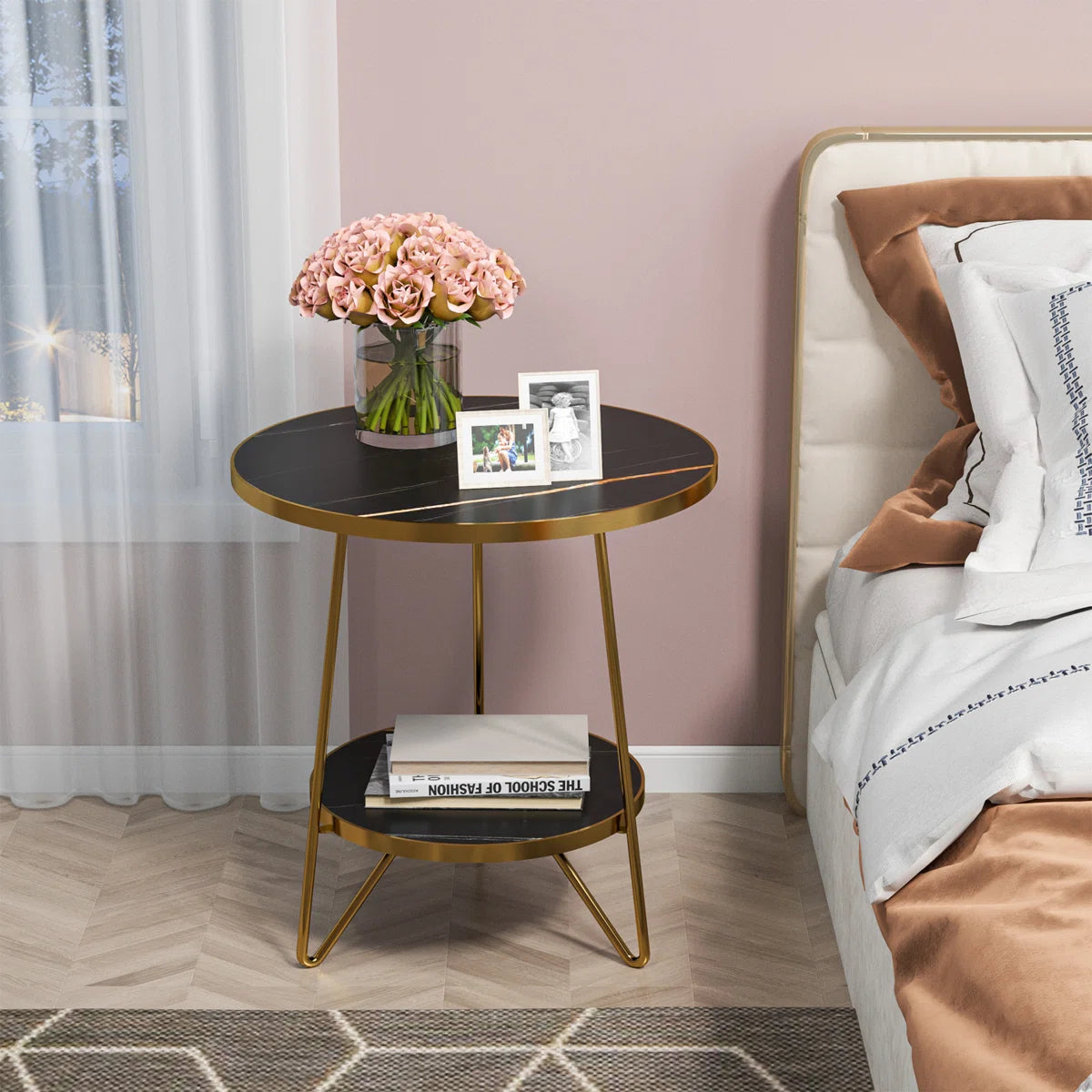 Arden Round Marble Side Table with Storage Shelf | Modern End Table, image 4