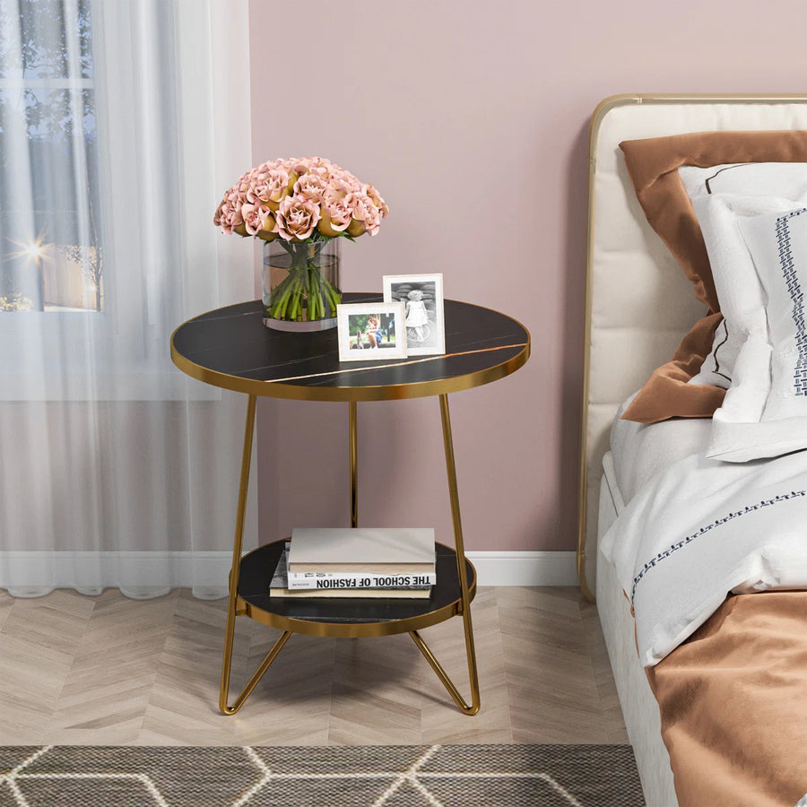 Arden Round Marble Side Table with Storage Shelf | Modern End Table, image 4