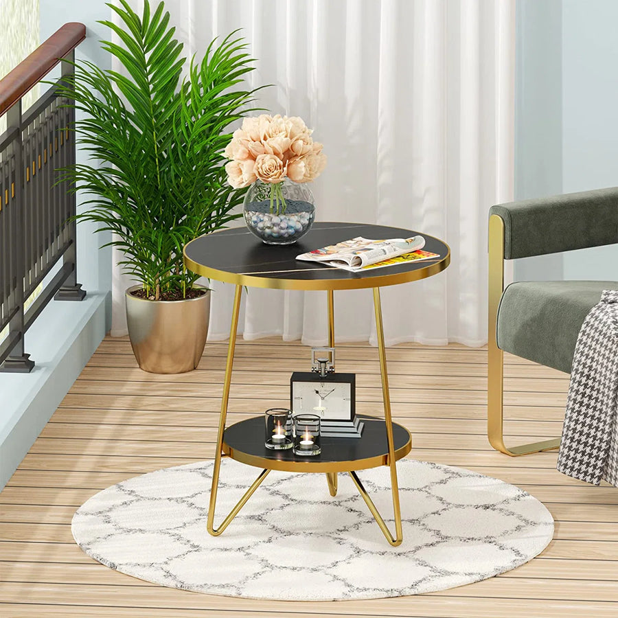 Arden Round Marble Side Table with Storage Shelf | Modern End Table, image 6
