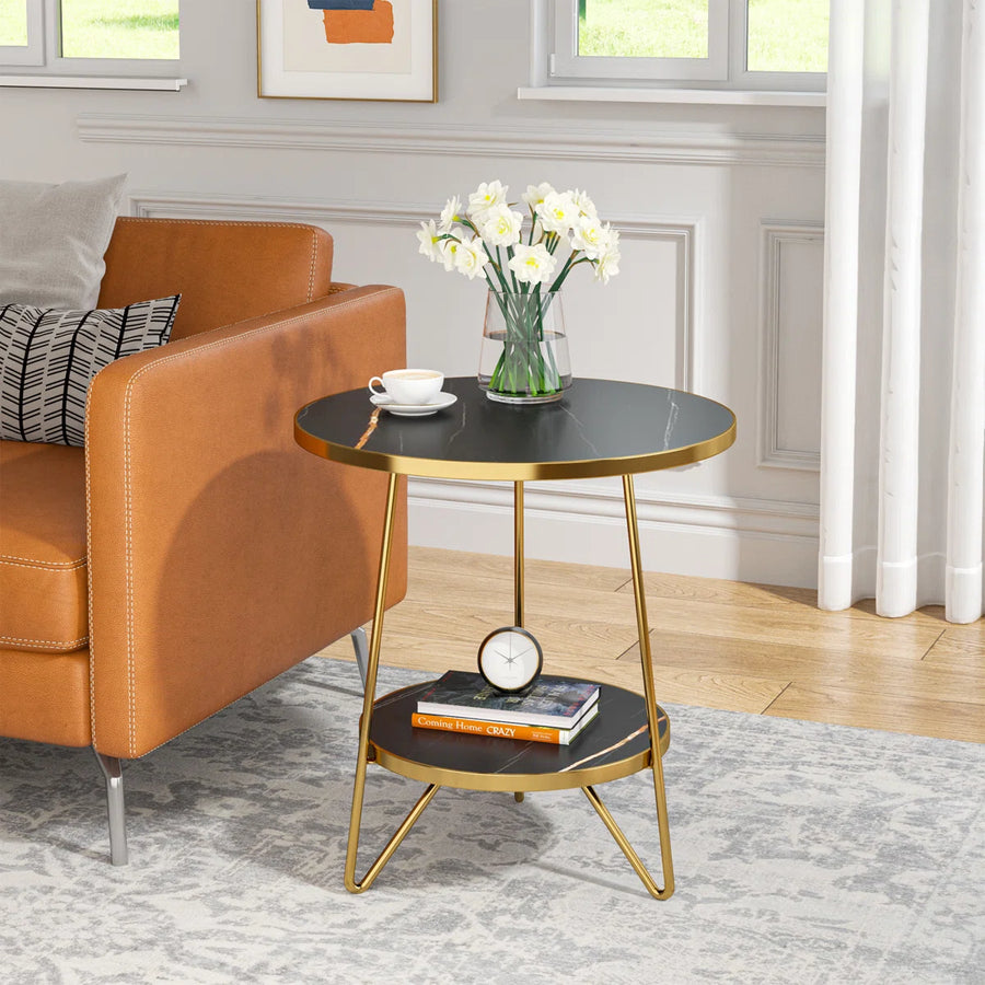 Arden Round Marble Side Table with Storage Shelf | Modern End Table, image 7