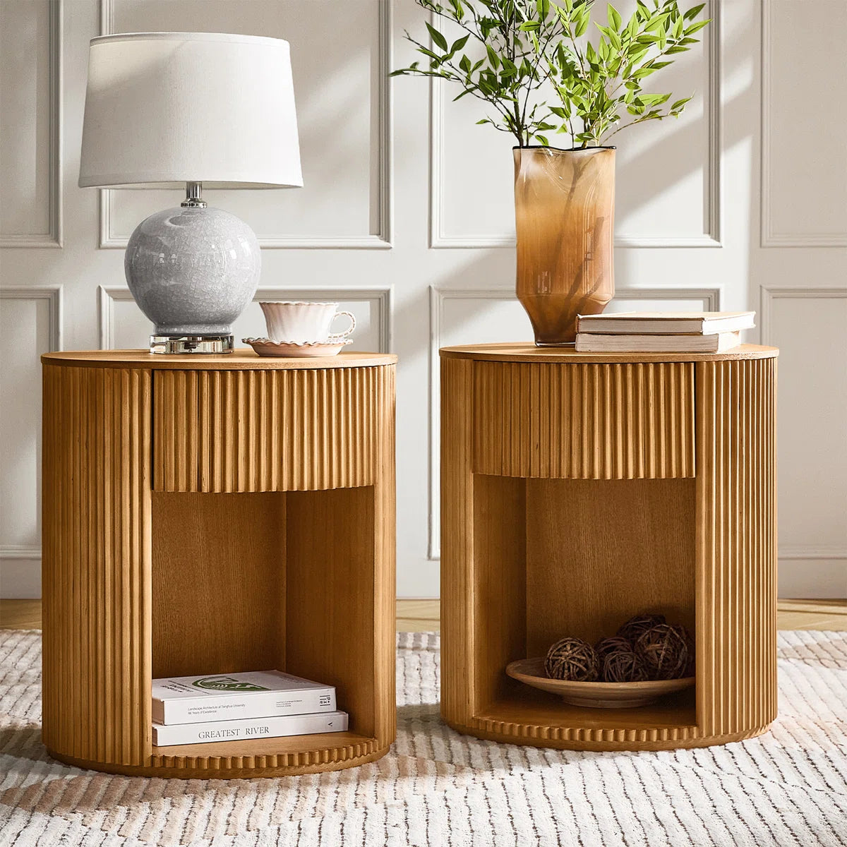 Noma Fluted Round End Table with Storage | Modern Side Table