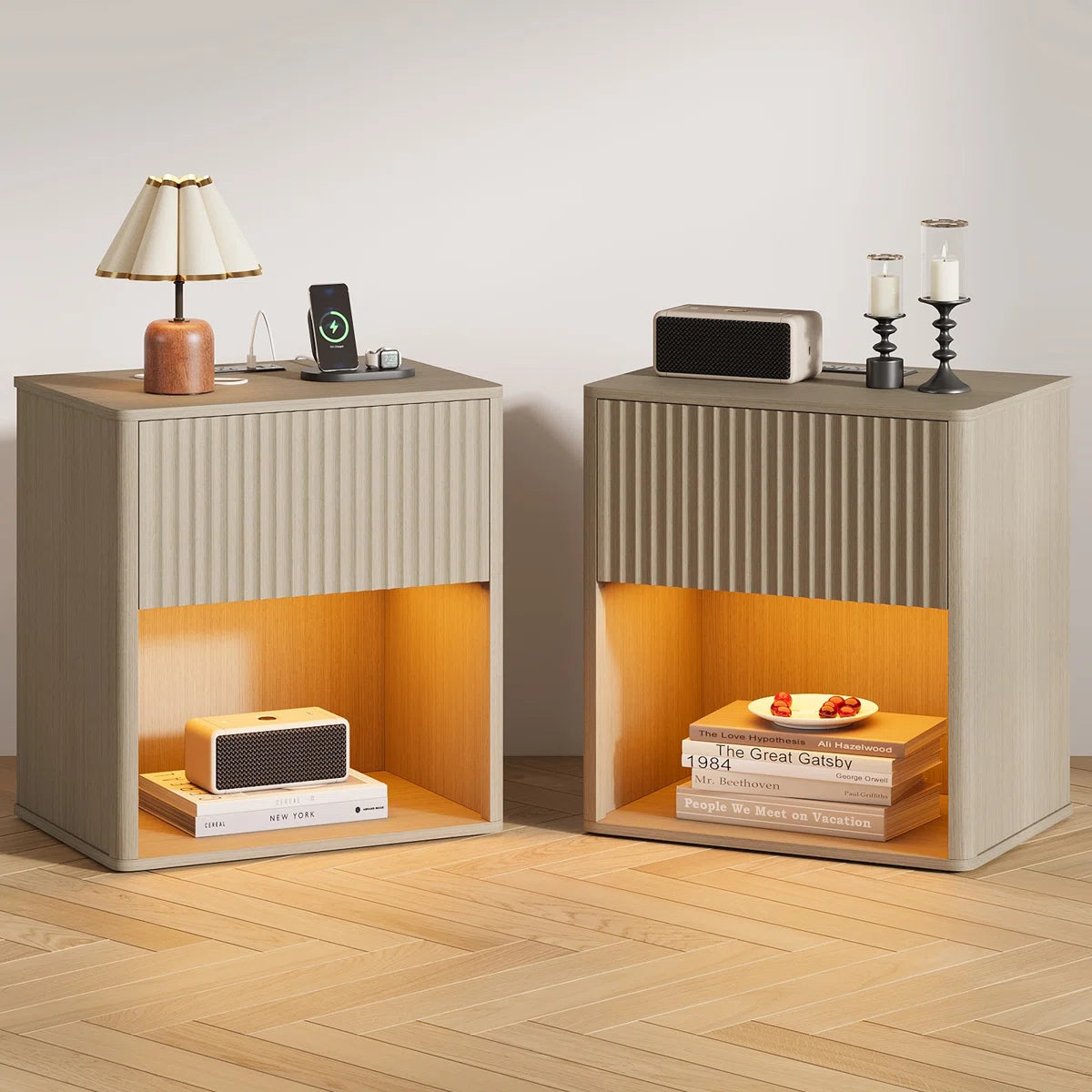 Liora Fluted Nightstand Set of 2 with LED & Charging Station