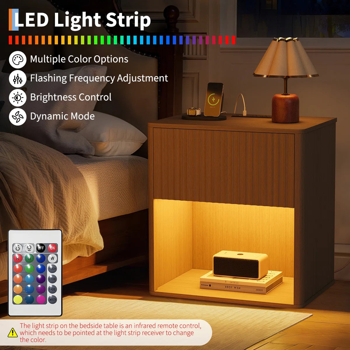 Liora Fluted Nightstand Set of 2 with LED & Charging Station, image 5