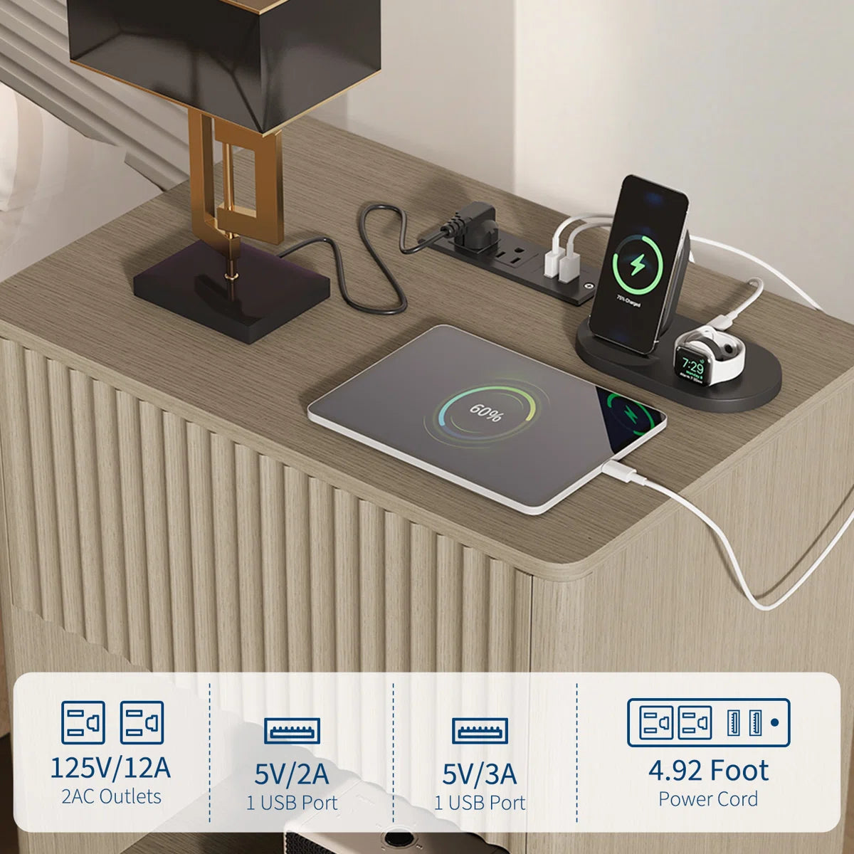 Liora Fluted Nightstand Set of 2 with LED & Charging Station, image 6