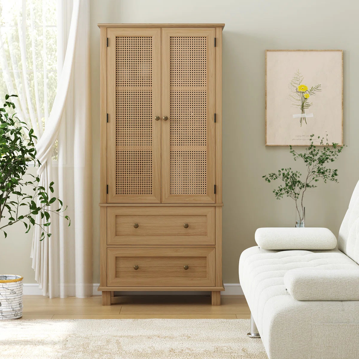 Marovia Modern Tall Rattan Accent Cabinet with 2 Drawers