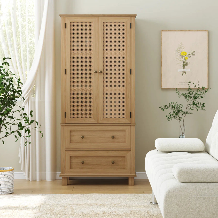 Marovia Modern Tall Rattan Accent Cabinet with 2 Drawers