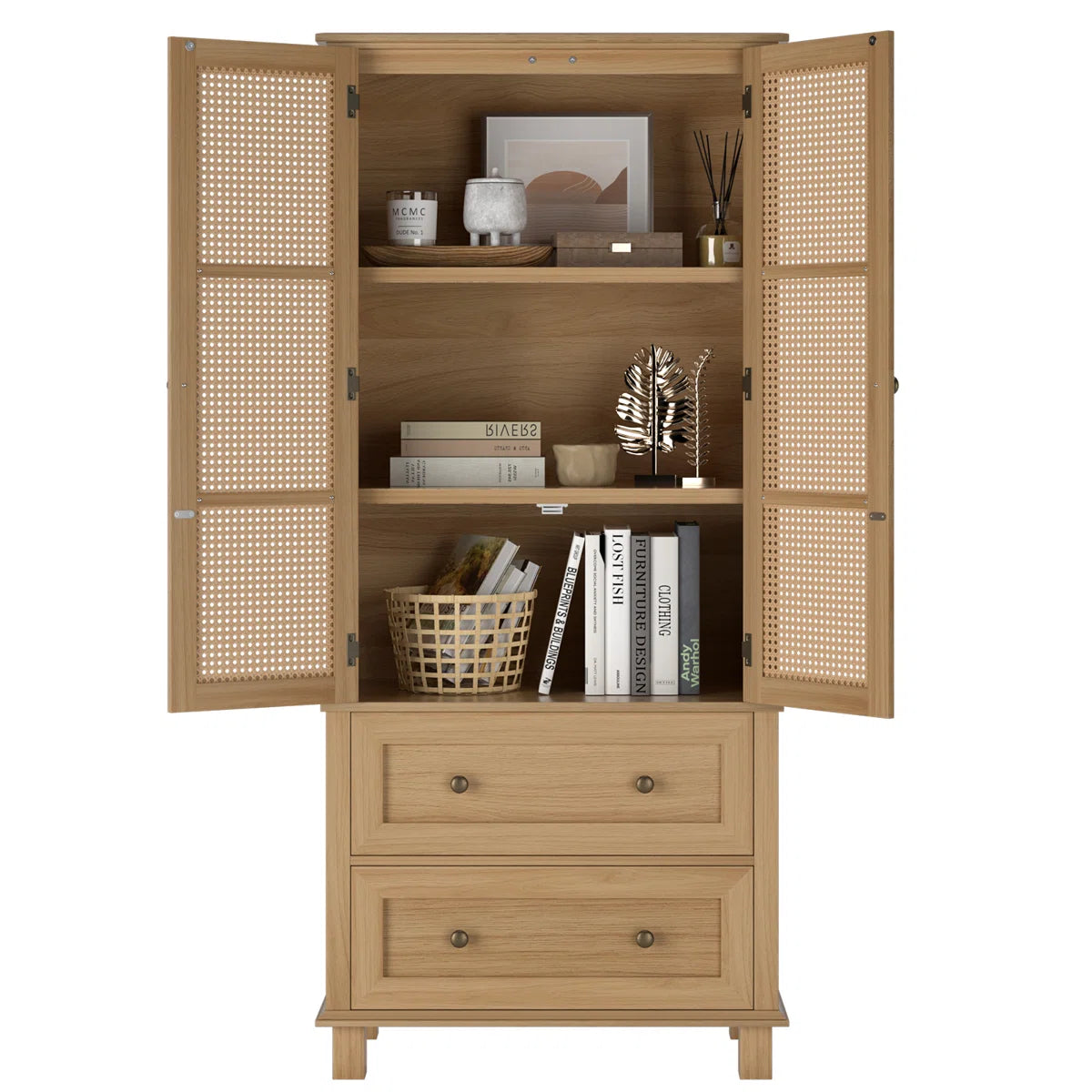 Marovia Modern Tall Rattan Accent Cabinet with 2 Drawers, image 3