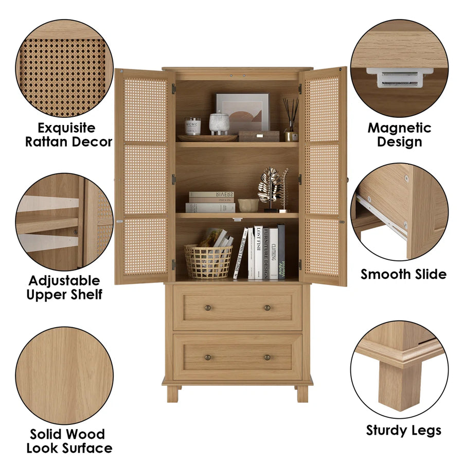 Marovia Modern Tall Rattan Accent Cabinet with 2 Drawers, image 4
